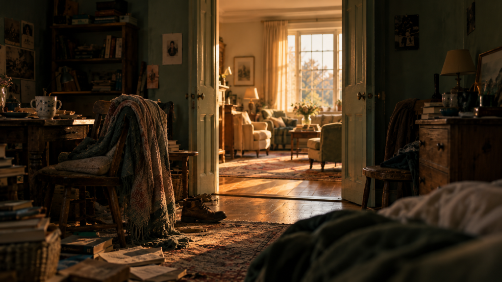 A doorway between a bright, orderly room and a dimmer one with things left out of place.